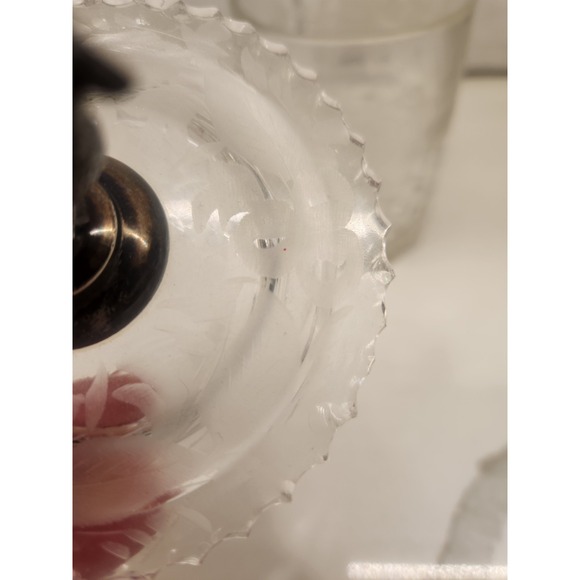 Antique Cut Diamond Floral Etch Glass Pickle Marmalade Jar w/ Pheasant Finial - Picture 3 of 11